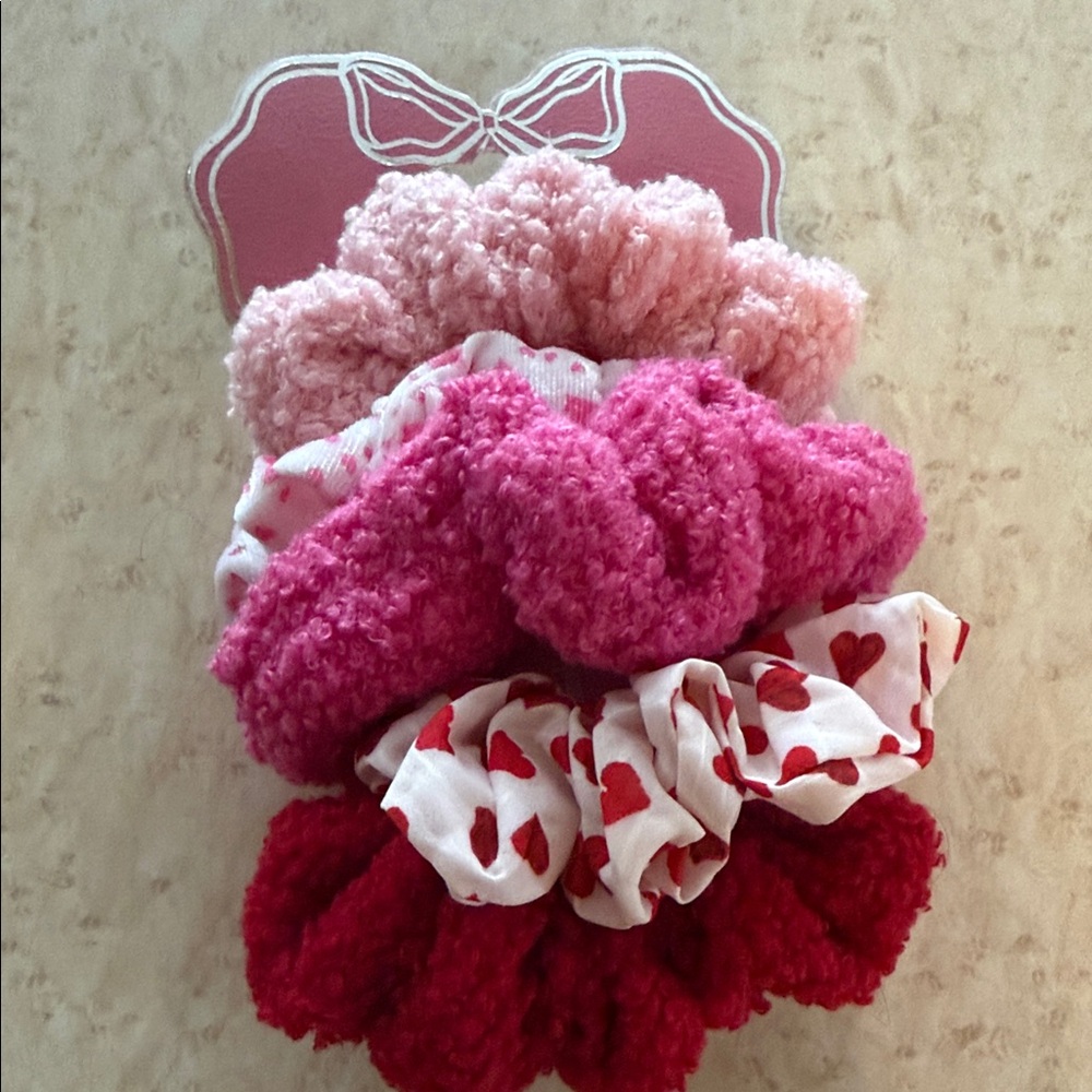 Betsey Johnson Pink and Red Heart Scrunchie Set